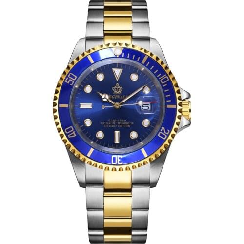 Luxury Reginald Watch Men Rotatable Bezel GMT Sapphire Date gold Stainless Steel Sport blue dial Quartz Watch Reloj Hombre