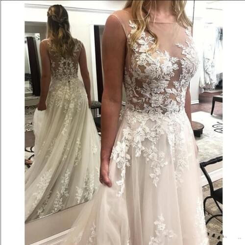 Sexy Wedding Dress Illusion Back Covered With Buttons Sheer Neck Designed For Elegant Brides Beach Wedding Bohemian Bridal Gown