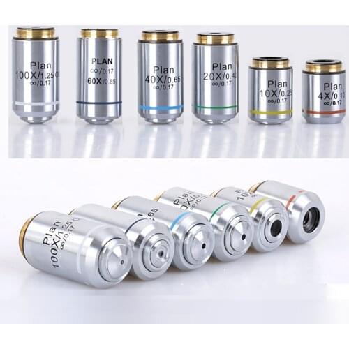 Silver Biological Microscope 4X 10X 20X 40X 100X Infinity Plan Objective Lens RMS Thread for Olympus Microscope