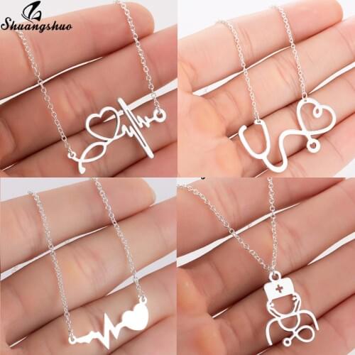 Stainless Steel Heartbeat Cardiogram Necklace Women Stethoscope Pendant Necklaces Special Gifts for Nurse Doctor Jewelry