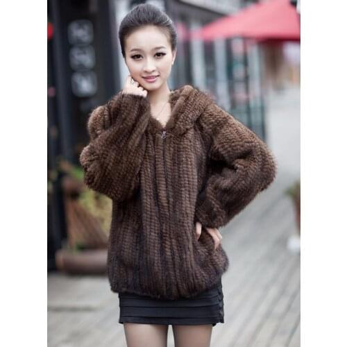 New real natural genuine knit Mink Fur coat with hood Womens full sleeve Fashion All-match Knitted Mink Coat custom big size