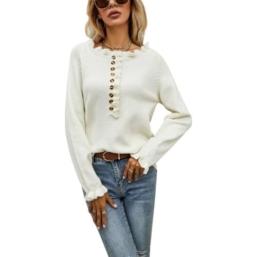 IMCUTE round neck button wood ear knit sweater Y2K women autumn solid color off-shoulder knitted pullover street casual slim top
