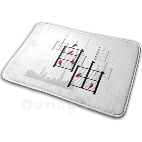 Freedom ( Cages ) Mat Rug Carpet Anti-Slip Floor Mats Bedroom Atelier Unbound Freedom Birds Text Graphic Irony Birdcage