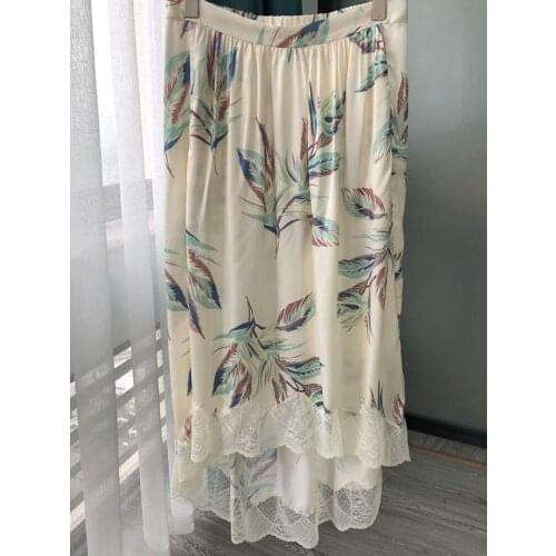 Women Skirt Elasticated Waist Front Short Back Long Lace Trim Apricot Retro Canna Print Midi Skirt
