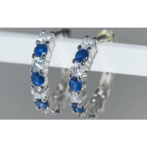 New Fashion 925 Sterling Silver Blue Round Micro Pave Zircon Earrings for Wedding Women Jewelry Pendientes Oorbellen Brincos