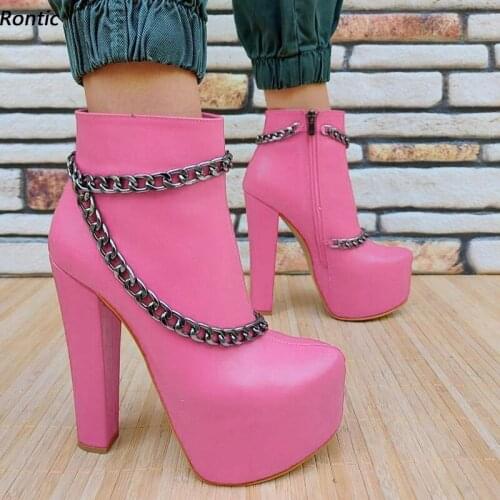 Rontic Handmade Women Winter Platform Ankle Boots Chain Chunky Heels Round Toe Fabulous Pink White Night Club Shoes US Size 5-20