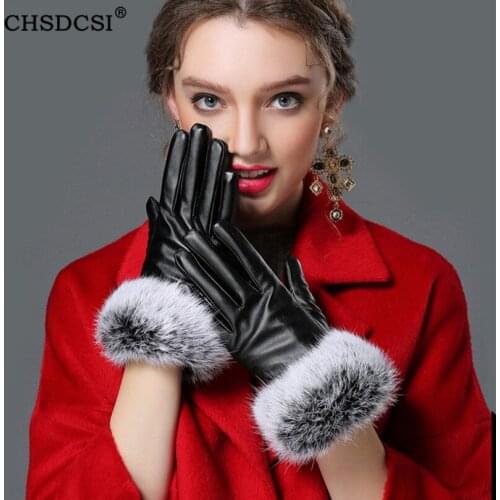 Touched Screen Gloves PU Leather Women Gloves Waterproof Faux Rabbit Fur GuantesThick Warm Winter Gloves Christmas Gifts