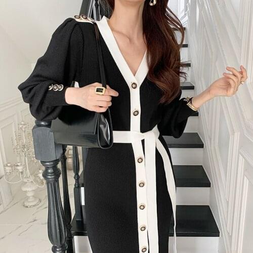 Korean WomenS Knitted Sweater Dress Fall 20201Vintage French V-Neck Contrast Waist Single-Breasted Long-Sleeved Split Knit Dres