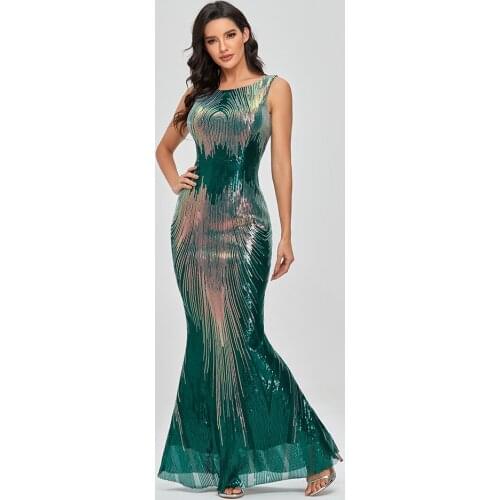 2021 New Sleeveless O-neck Evening Party Dress Shinning Sequins Mermaid Prom Gowns Elegant Slim Robe De Soriee Women Full Dress