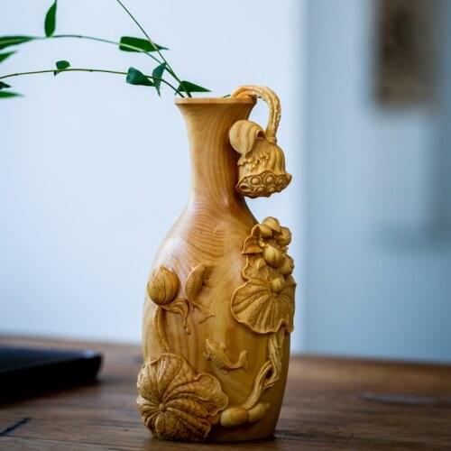 15cm Vase Wood Carving Chinese Carp with Lotus Vase Poplar Real Wood Sculpture Handicraft Articles Home Decor