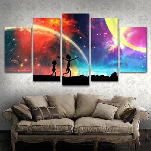 5 Panel Anime Beautiful Starry Sky Painting Rick Morty Poster Home Decor Living Room Canvas Wall Art Modular HD Print Pictures