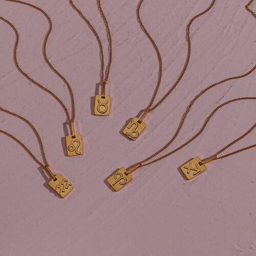 Trendy Zodiac Square Pendent Thin Water Wave Chain Stainless Steel Gold Plated Tarnish Free Necklace Gifts Prensents For Women