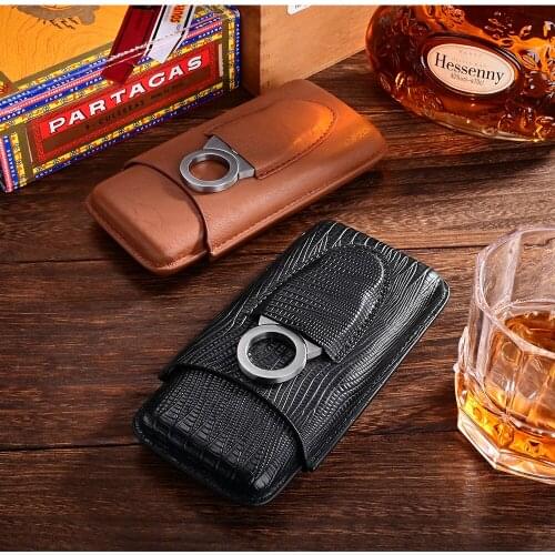 CIGARLOONG Cigar Case Travel Portable Moisturizing Cow Leather Humidor 3 Tube Holder with Stainless Steel Cigar Cutter