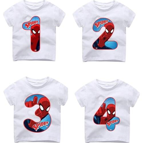 Baby Cotton T Shirt Marvel Spiderman Iron Man Boy Girl Birthday Shirt Number 1-9 Child Summer Clothes Short Sleeve Letter Tops