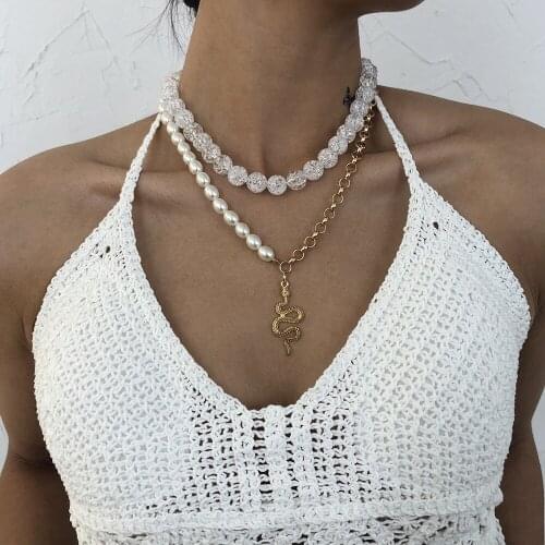 KMVEXO 2021 New Hip Hop Metal Snake Pendant Necklace for Women Girls Pearls Crystal Ball Chains Necklaces Party Jewellery