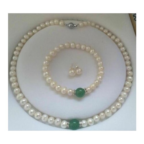 8-9mm White Akoya Cultured Pearl &Green Emerald Bracelet Necklace Earrings set