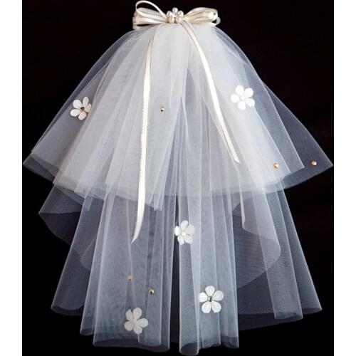 HONGFUYU Princess Short Veil Gold Ribbon Bowknot Color Diamond Flowers Bride Photo Studio Wedding Headdress Veils With Comb