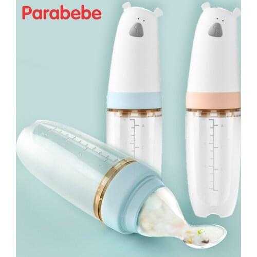 Parabebe bear baby bottle spoon silicone squeeze feeding spoon cute infant food feed milk water bottle feeder baby food spoon