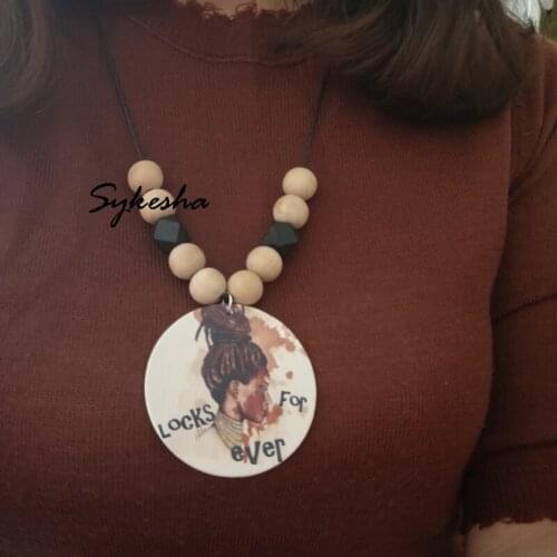 Fashion Round Wood Pendant Necklaces Ladys Printing Long Necklaces