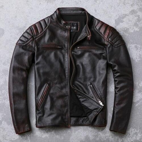 Mens Genuine Cowhide Jacket Head Layer Cowhide Motorcycle Stand-up Collar Youth Leather Jacket Special Offer