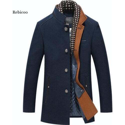 New Men Woolen Coat Winter Fleece Warm Jackets Thermal Slim Fit Fashion Trench Outerwear Male