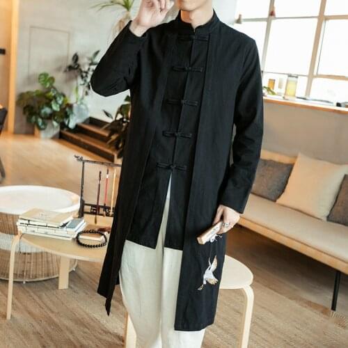 Mens Spring Autumn Fake Two Piece Long Trench Cotton Linen Solid Jackets Male Traditional Chinese Clothing Tang Suits CN-114