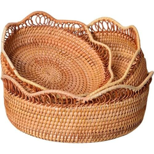 Three-piece Set Natural Woven Wicker Fruit Basket Lace Craft Wicker Storage Basket For Holding Fruits Bread And Vegetables