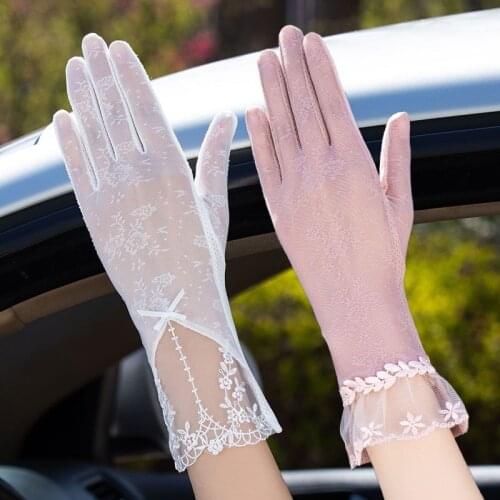 Sexy Spring Summer Female UV Sunscreen Short Sun Touch Screen Gloves Fashion Women Thin Ice Silk Lace Bow Driving Gloves