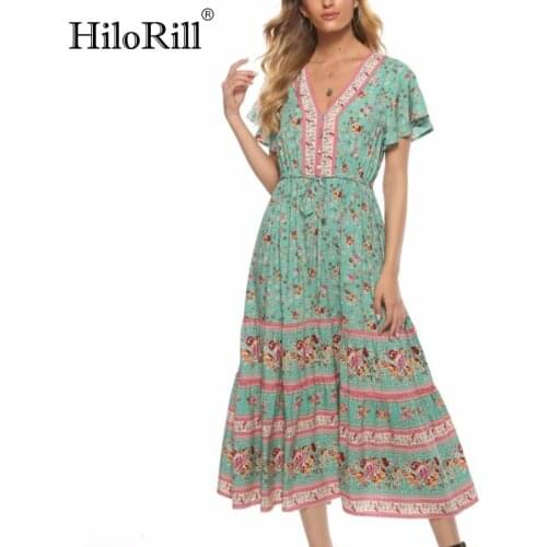 HiloRill Women Floral Print Summer Dress Flare Neck Elegant Pleated Dress V Neck Boho Beach Long Dress Vestidos De Verano