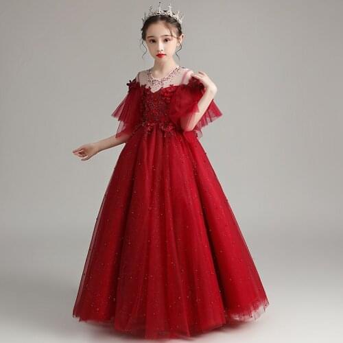Flower Girl Dresses Crystal Appliques Beading O-Neck Pearls Princess Floor-Length Tulle Embroidery Burgundy Kids Party Gown H270