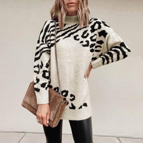 ZJZLL Factory Direct Sales Autumn and Winter Turtleneck Leopard Print Pullover Womens European and American New Sweater Dress