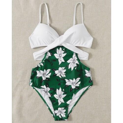 Sexy Cut Out One Piece Swimsuit Women Floral Halter Push Up Bathing Suit Bowknot Padded Bandage Brazilian Swimwear 2021 Monokini