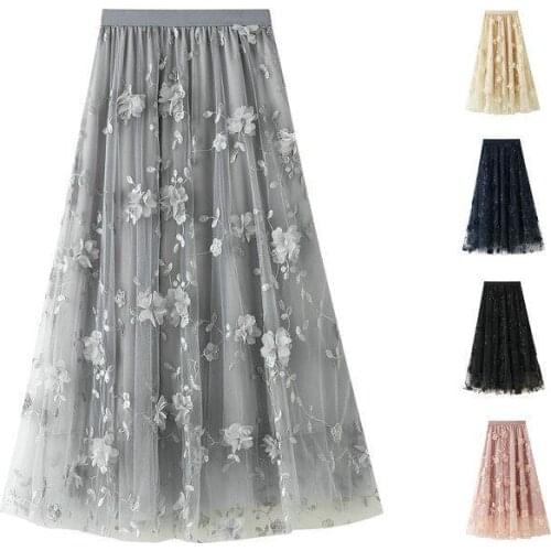 Mesh Embroidery Heavy Industry Skirt Women High Waist Yarn Skirt Autumn New A-line High Waist Long Skirt Women