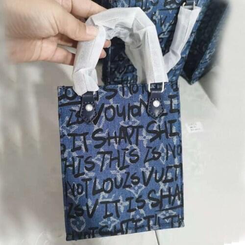 FIRMRANCH Cool Girl Fashion Brand Spoof Graffiti Letters Denim Stitching Genuine Leather Tote Mini Handbag Crossbody Women Bag