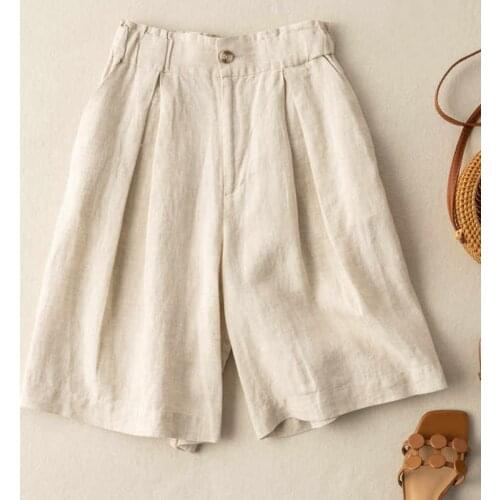 Thin A-Line Wide Leg Shorts Pocket Summer Cotton Linen One Button High Waist Women Pure Color Casual Office Lady All-Match Pants