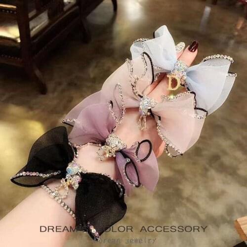 South Korea Dongdaemun Hair Band Xiaoqing New Element Light Yarn Bow Hair Rope Sweet Mori Female Rhinestone Rubber Band Headband