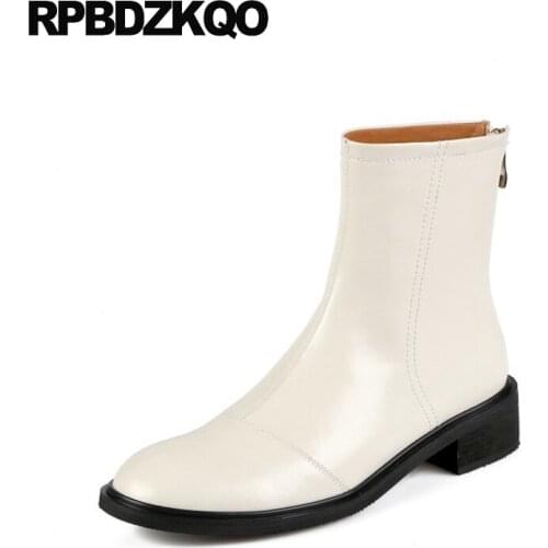 Chunky Shoes Girls Black Block Genuine Leather Women Ankle Boots 2021 Round Toe Fall Autumn Zip Up Ladies Short Chinese Beige