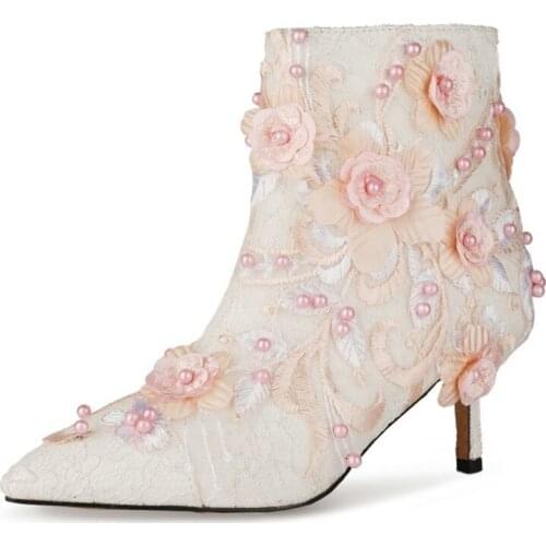 OLOMLB Womens Flowers Embroidery DIY Lace Ankle Boots Stilettos High Heel Side Zip Wedding Bridal White Sweet Shoes Plus Size