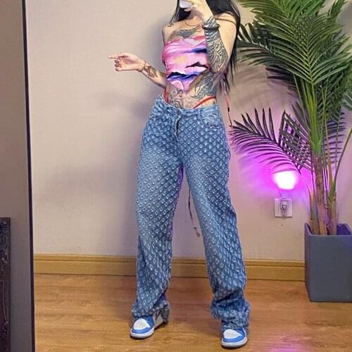 Womens Jeans Fashion Stitching Plaid Hollow Street Jeans High Waist Button Straight Leg Pants Korea Loose Denim Ripped Pants