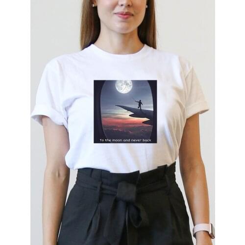Funny Printed Cotton Womens T-Shirts Moon Climbing White tops & tees Plus Size Tumblr aesthetic shirts