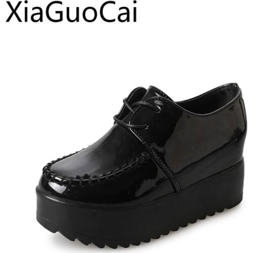 Thick Heels Single Women Platform Casual Shoes Leather Heightened Inside Creepers Ladies Wedges Flat Shoes
