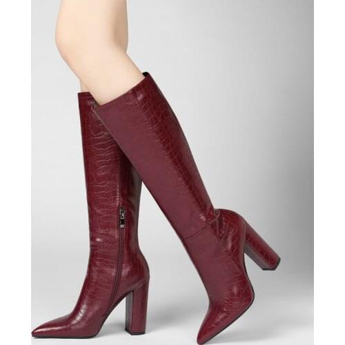 2020 Fashion Women Knee High Boots Women Stone pattern Zipper Long Boots Ladies Pointed Toe Square Heel Autumn Winter Shoes