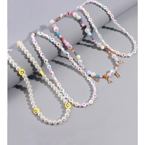Ins Smiley Pearl Beaded Necklace For Women Colorful Heart Handmade Bead Imitation Pearls Choker Collar Sweet Girl Summer Jewelry