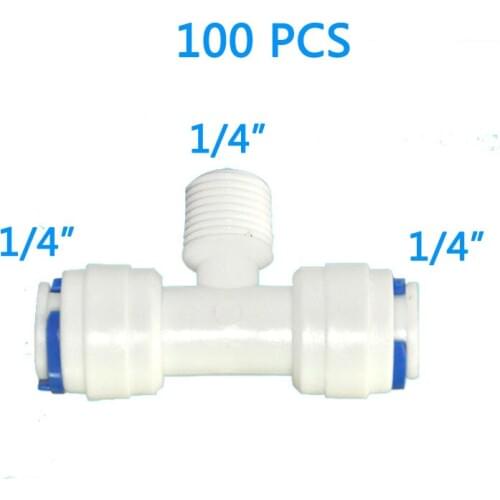 100pcs 1/4" Male Thread Quick Connection 1/4" Tube Hose Equal Type T Water Connector Fitting Reverse Osmosis Aquarium male Tee