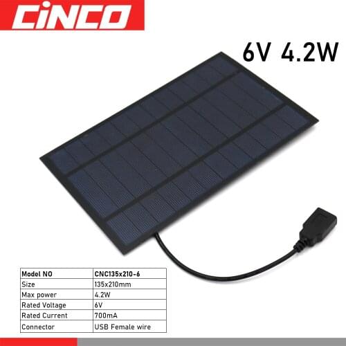 6V 4.2W 6 V Charge Regulators Solar Panel Output USB Solar Cell Outdoor Battery Charger USB Female Port