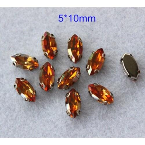 Free Shipping - Gold Changing Color Loose Crystal Sew on Beads,5*10mm Navette in Silver Setting,Marquise Glass 40 pcs