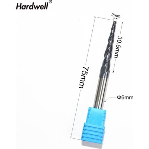 Free shipping-1PCS,R1.0*D6*30.5*75L,HRC55 Tungsten solid carbide TiALN Coated Taper Ball Nose End Mills,taper and cone Bits,wood