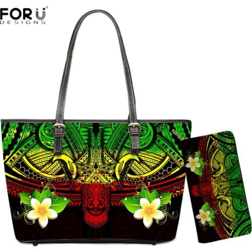FORUDESIGNS Large Leather Handbag Polynesian Hawaiian Plumeria 3D Print Women Shoulder Bags Gradient Samoan Style Top-handle Bag