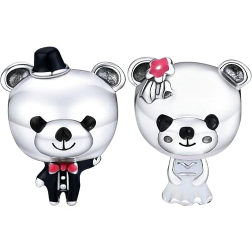 Fit Original Pandora Cute Couple Bears Charms Bracelet Cartoon Lover Bear Groom Mary Bride Beads DIY Jewelry for Women Accessory