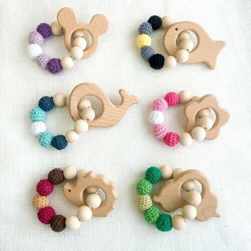 1Pcs Wooden Baby Rattle Beech Horse Wood Teething Crochet Beads Bracelets Montessori Toys For Children Baby Crochet Toys